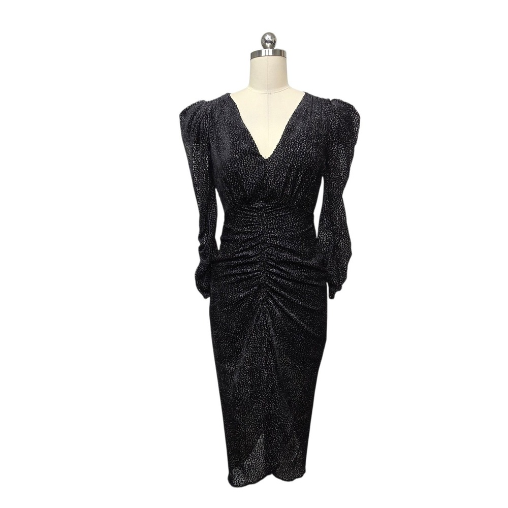 ASTR The Label Black Velvet Dot Ruched Midi Dress Womens Size XS Long Sleeve